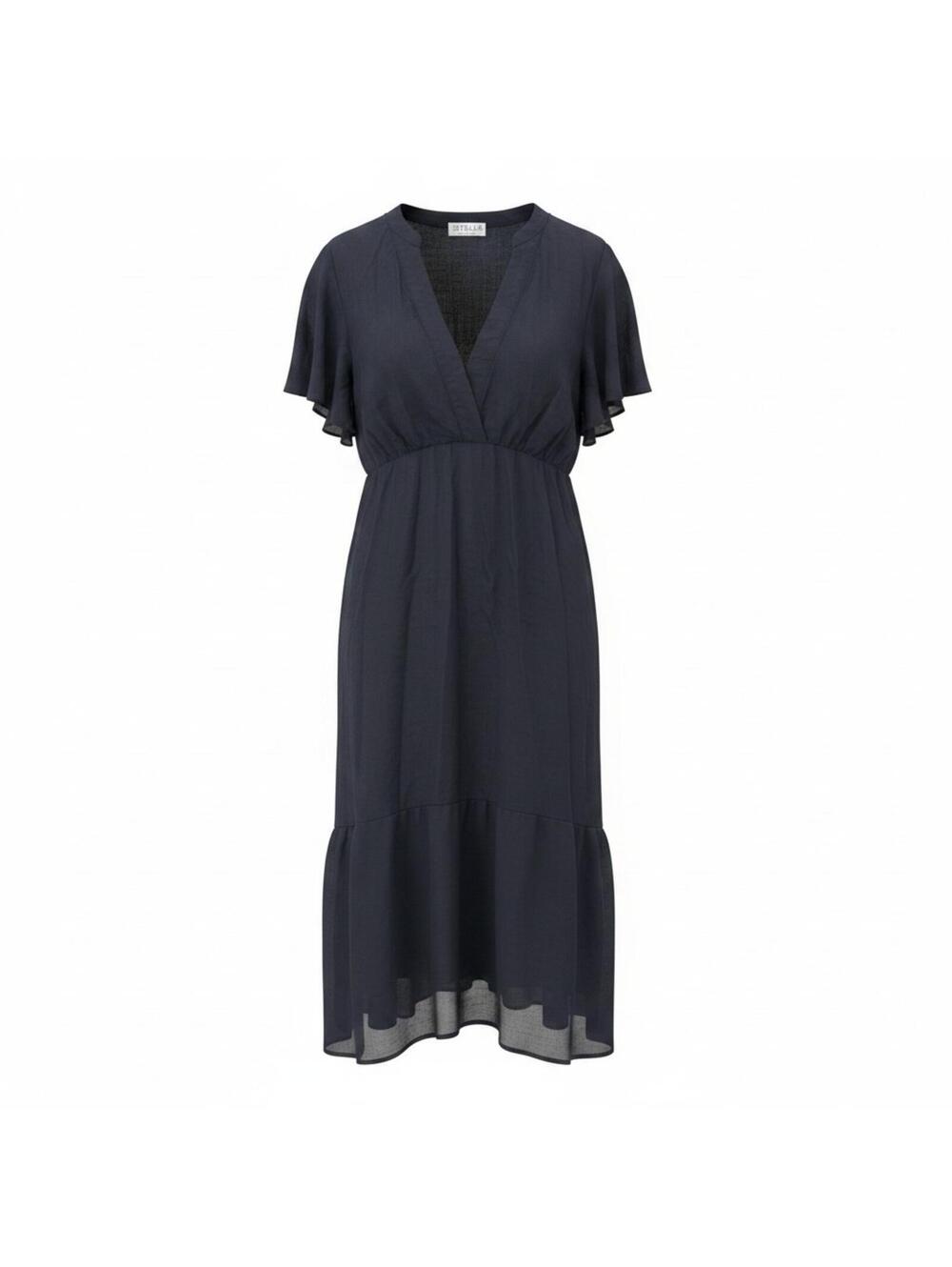 Estelle Navy Chiffon Flutter Sleeve Linen Midi Dress